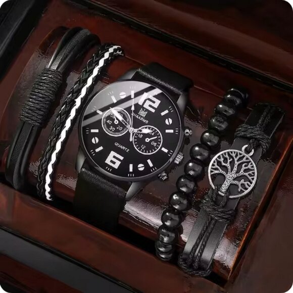 Big Dial Quartz WristWatch 5 PCs Set Classic Male Casual Black Leather Strap NEW - Picture 2 of 2